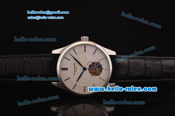 Patek Philippe Calatrava Tourbillon Automatic Steel Case with White Dial and Black Leather Strap - Click Image to Close